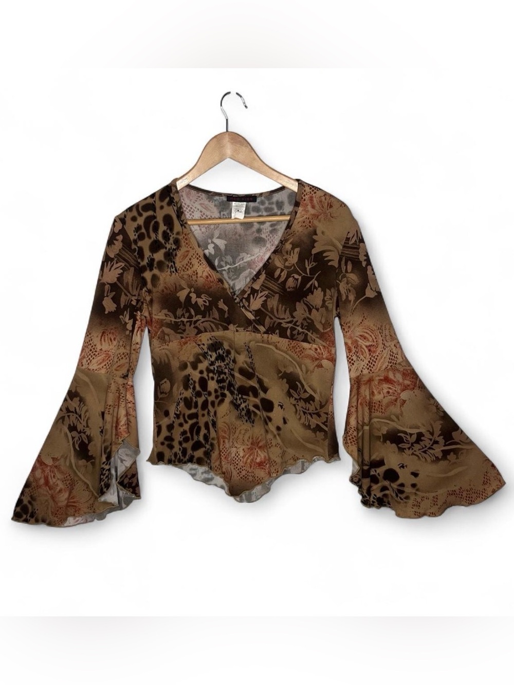 Y2K Vintage Brown Floral Print Surplice Dramatic Flare Bell Sleeve Fairycore Top